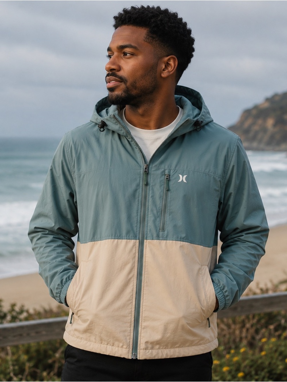 Hurley Two-Tone Hooded Windbreaker Jacket - Sage & Cream